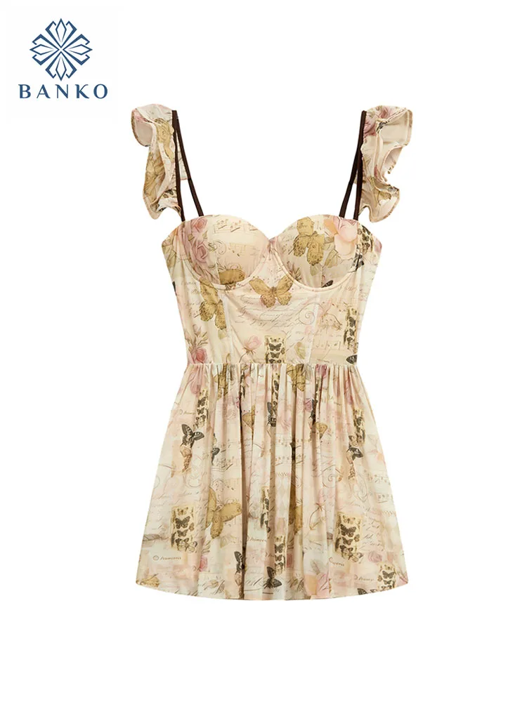

Korean New Design Square Collar Flying Sleeve Mini Dress Summer Women Fashion Sweet Elegant Print Lace Up One-Piece Slim Frocks