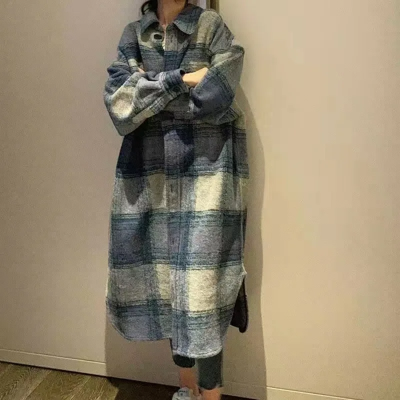 여성용 롱 격자 무늬 셔츠 코트, 오버사이즈 체크 무늬 셔츠, 빈티지 루즈 싱글 브레스티드 롱 가디건, 여성 패션, 가을