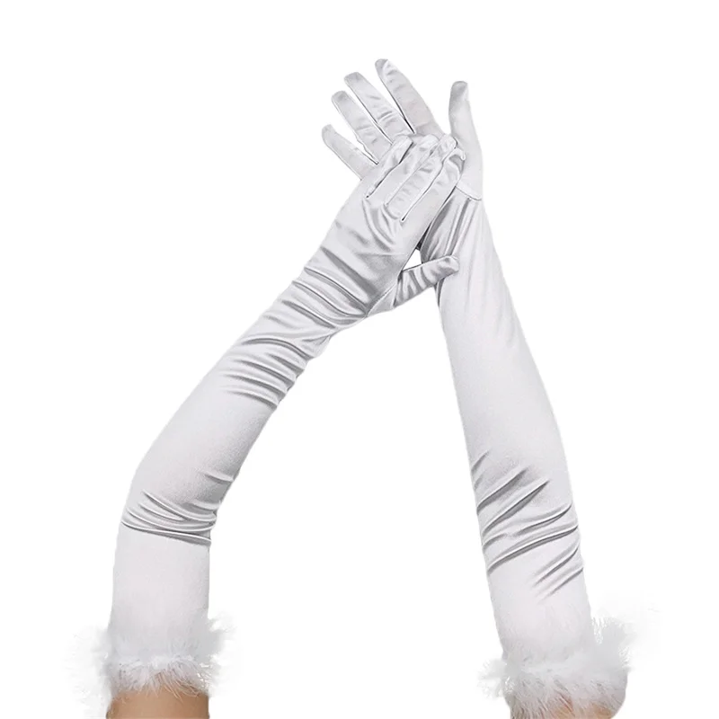 

Женские Длинные атласные перчатки hirigin, однотонные перчатки до локтя с отделкой из перьев, свадебные перчатки для невесты и танцев
