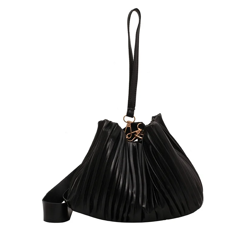 Summer Ladies Beige Handbags Retro Casual Fashion Pleated Bucket Handbag For Women Soft Pu Chain Shoulder Crossbody Bag bolsos