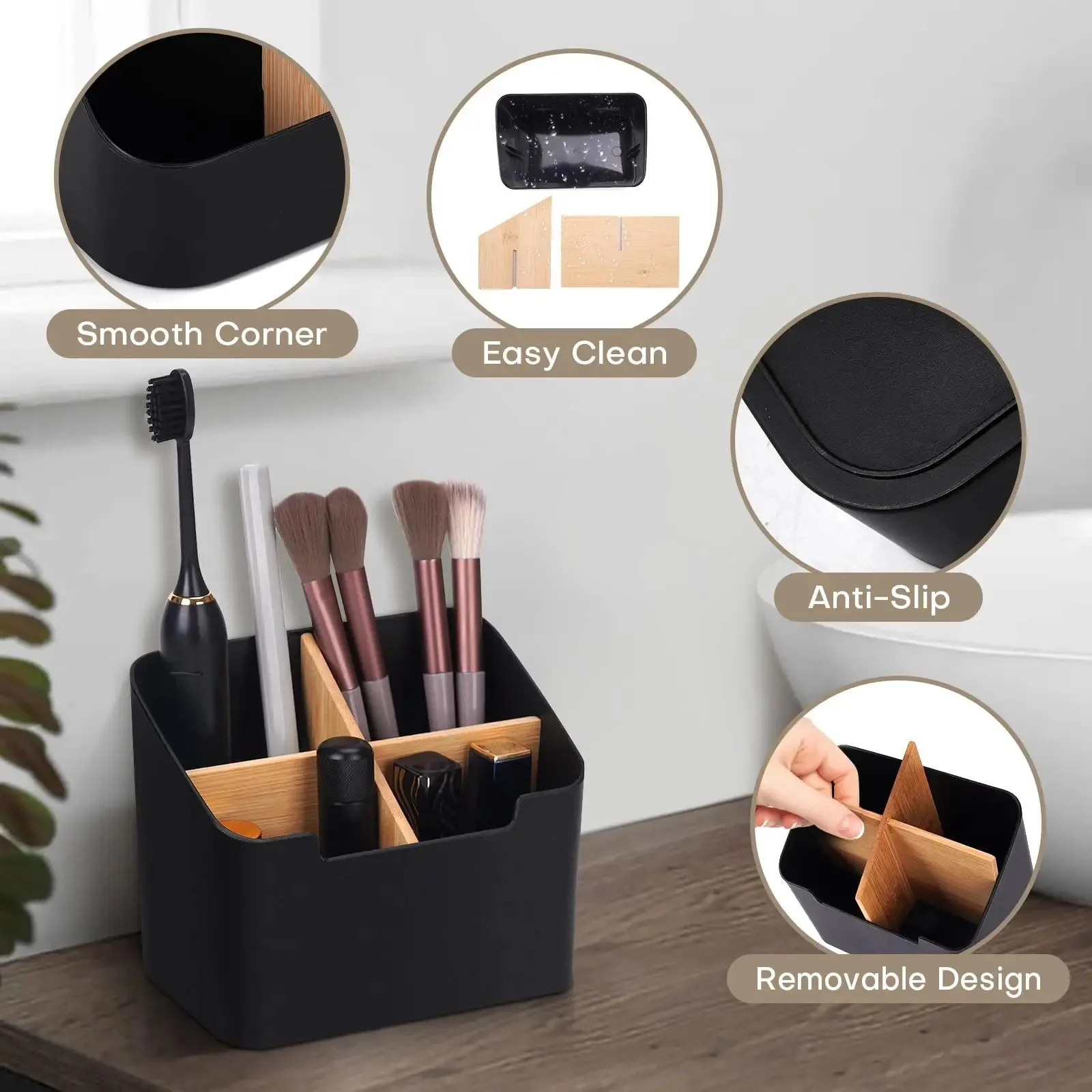 2/4 Grids Multi Functional Desktop Bamboo And Wood Compartment Storage Box With Detachable Bamboo And Wood Partitions 5