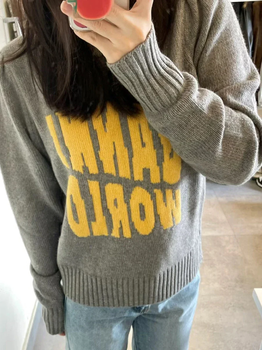 

Women Sweater Letter Printing Long Sleeve Round Neck 2-Color Vintage Knitted Pullover