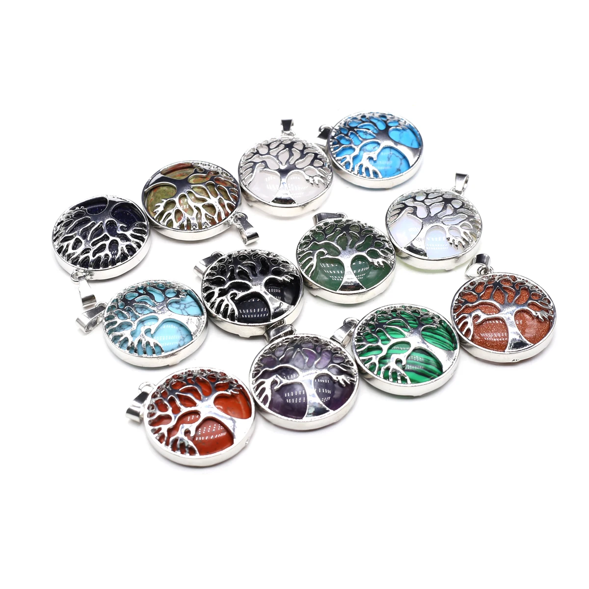 10PCS Wholesale Natural Stone Round Metal Life Tree Pendant Jewelry Making DIY Necklace Earrings Accessories Charm Gift