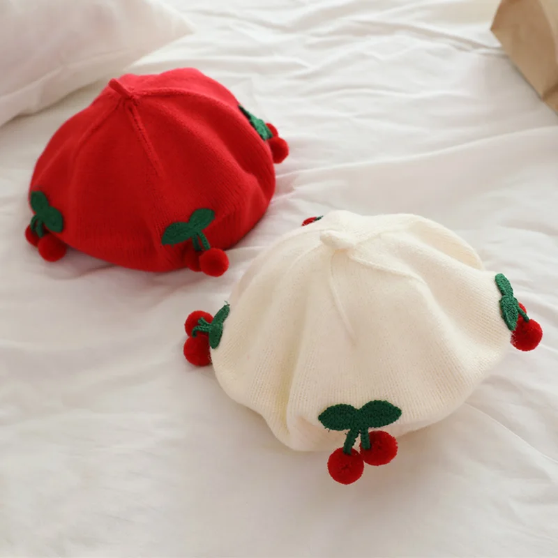 

Baby Hat Kids Girls Solid Color Cherry Warm Beret Knitted Hats Newborn Autumn Winter Children Painter Cap Infant Bonnet