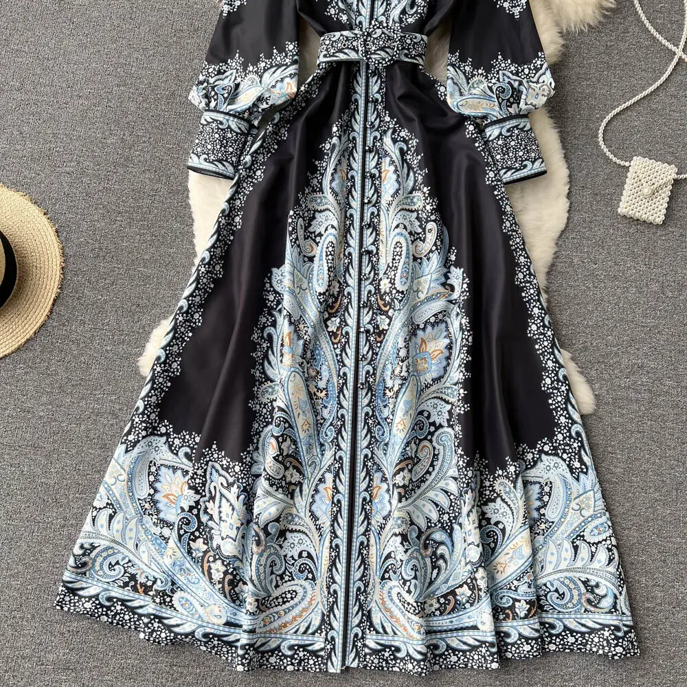 Nuevo vestido de fiesta vintage para mujer, moda de manga larga, botonadura sencilla, cuello alto, elegante, estampado, vestidos largos, primavera y otoño.