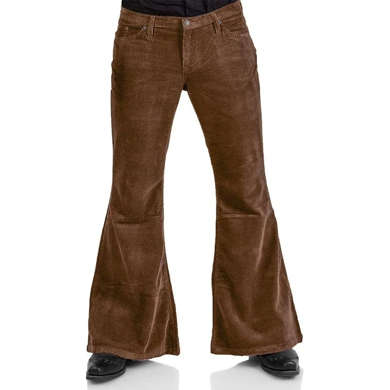 Men's premium corduroy flare pants with button closure, straight-leg fit, and elegant British-inspired casual fashion design. brown
