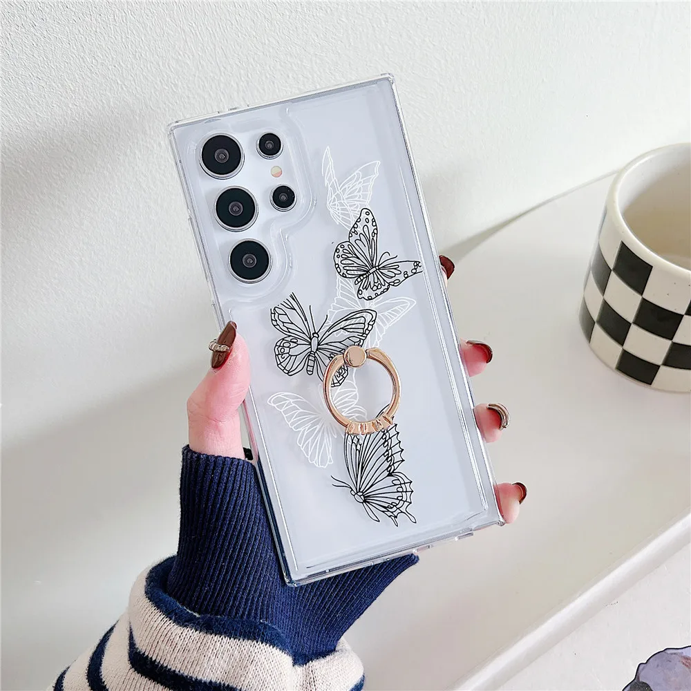 Coque de téléphone transparente en Silicone avec support papillon dégradé, étui pour Samsung S24 S23 Ultra S21FE S20 FE S23FE S22 Plus Note 20_voghion.com