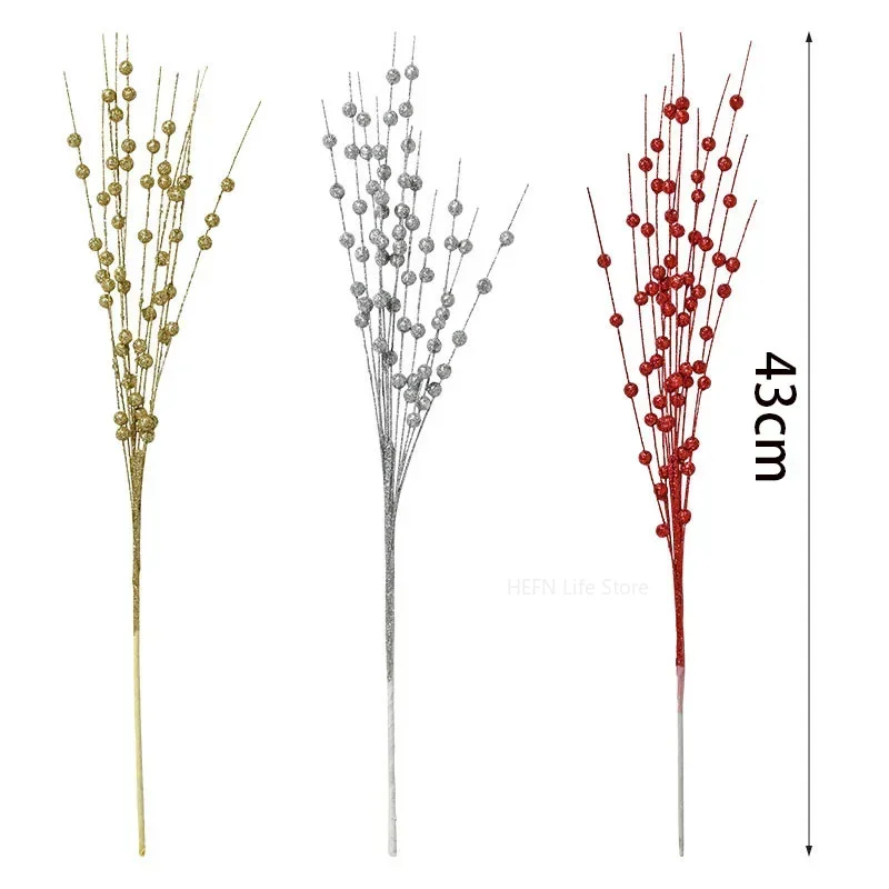 Artificial Christmas Berry Flowers, Golden Branch, Fake Plants Stem, Tree Wreath, DIY Home Decor, Table Craft Gifts