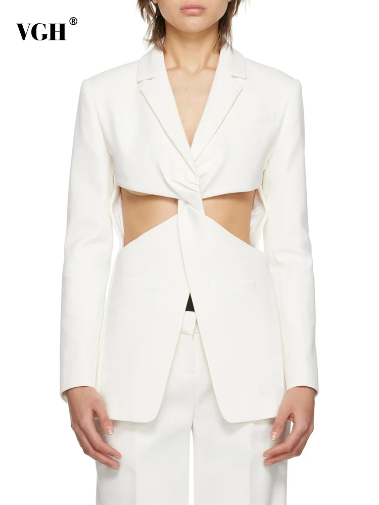 

VGH Crisscross Solid Hollow Out Casual Blazers For Women Notched Collar Long Sleeve Temperament Blazer Female Fashion Clothing
