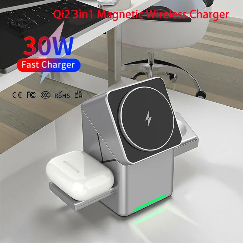 Support de chargeur sans fil magnétique rotatif Qi2 3 en 1 15 W pour iPhone 16 15 14 13 12 Max, iWatch, Airpods, station de charge rapide