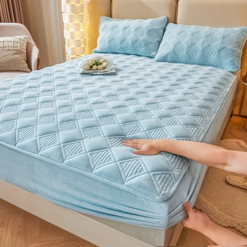 

Warm Plush Thicken Quilted Mattress Protector Cover Soft Crystal Velvet King Queen Bed Fitted Sheet Bed Cover Full Size Bed