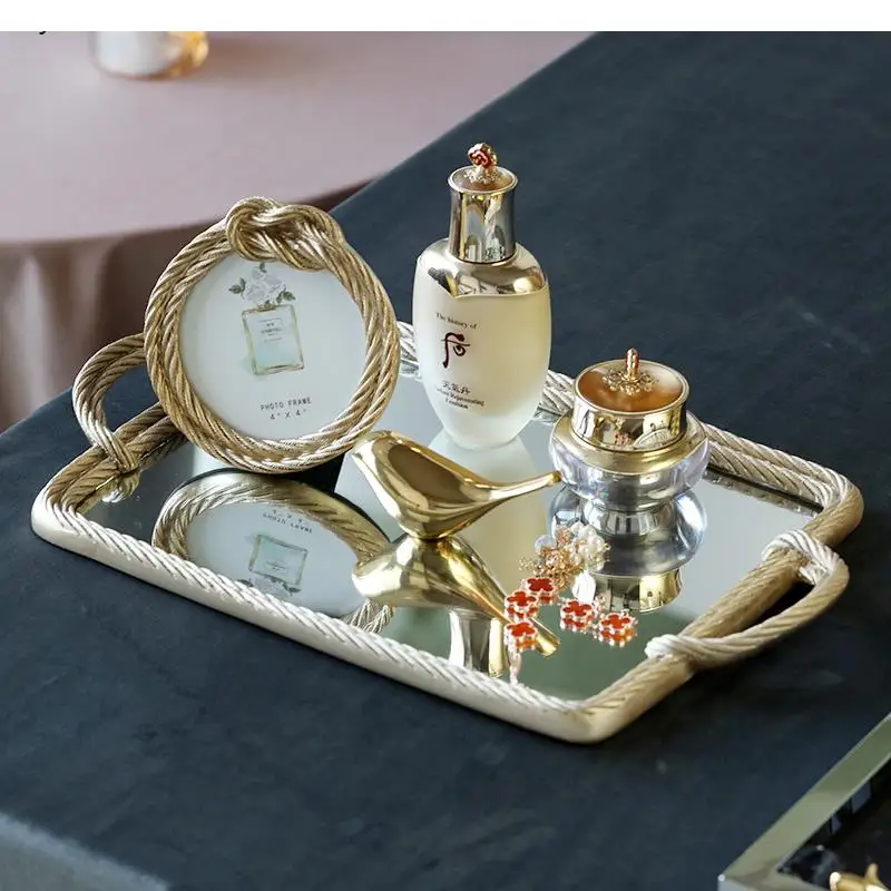 

Nordic Light Luxury Golden Hemp Rope Rectangular Mirror Tray Creative Resin Display Tray Decoration Cosmetic Storage Tray