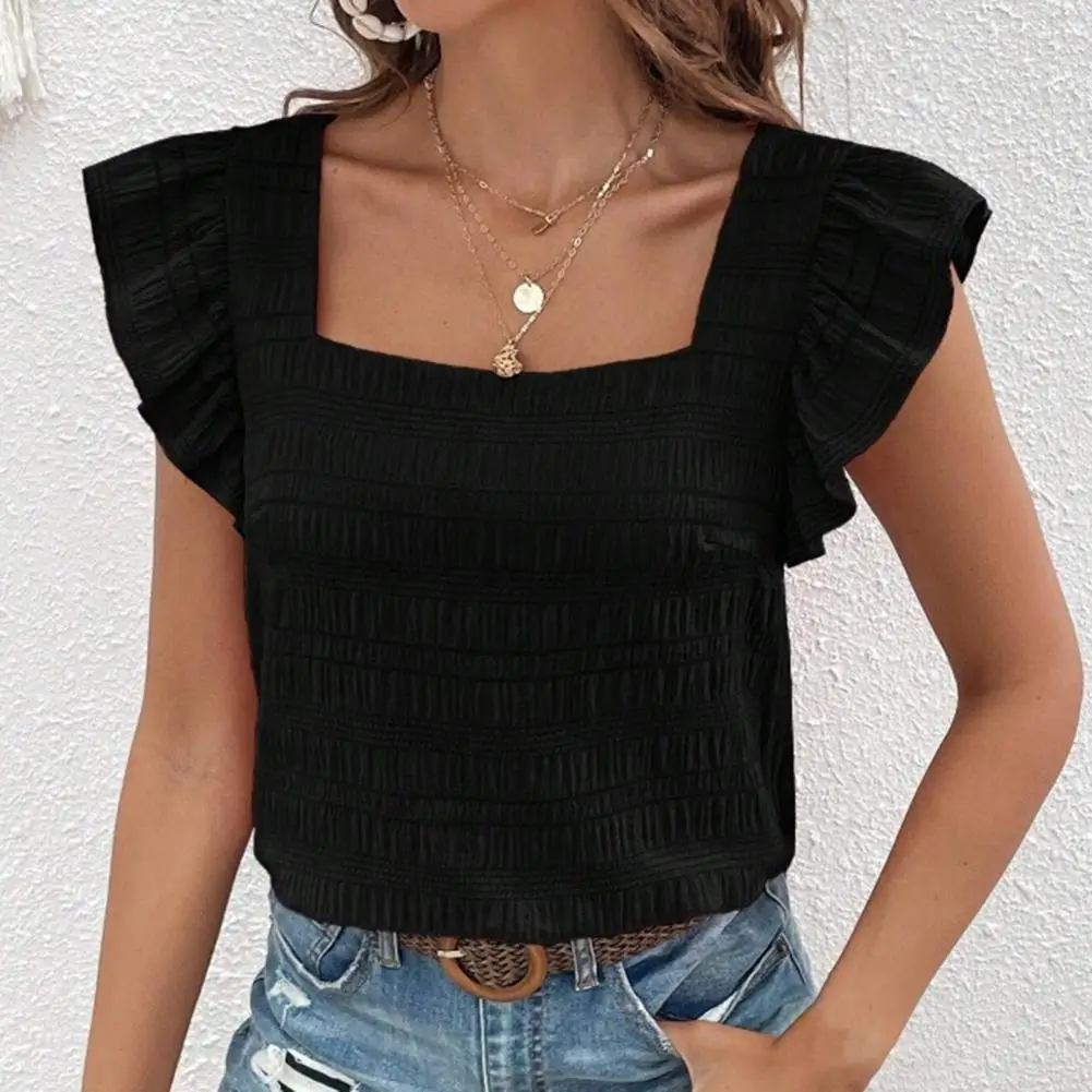 Women Summer Casual Shirt Square Collar Flying Sleeve Pullover Tops Solid Color Loose Fit Pleated Blouse Streetwear women s square collar bubble sleeve pleated backless dress europe and the united states new summer
