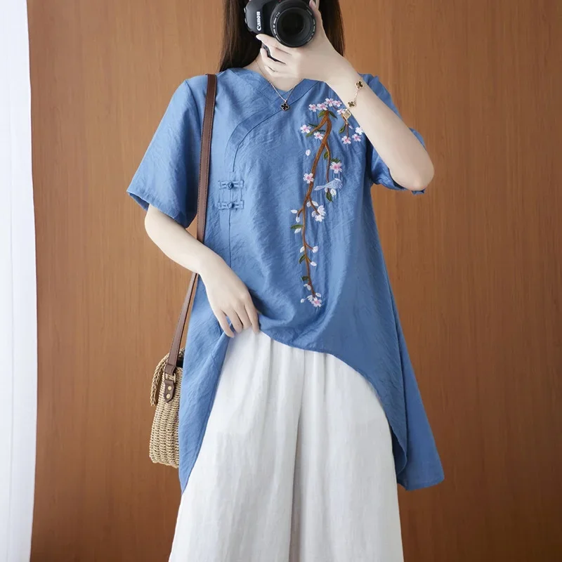 

Women'S Hanfu Tops Summer New Chinese Style Retro Buckle Shirt Women Oriental Female Solid Yoga Casual Cotton Linen Blouse 12553