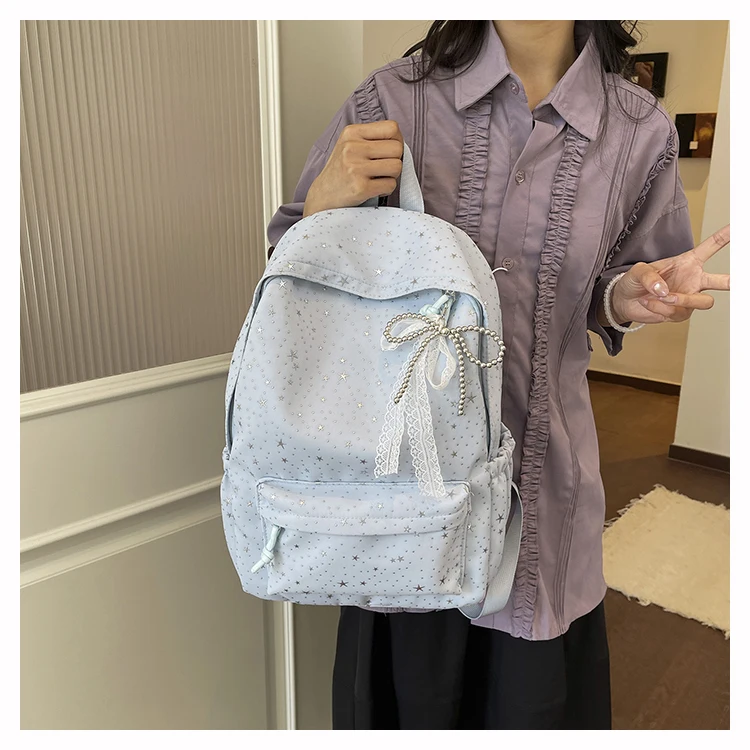 Women Star Canvas Backpack Multi-Pockets Bookbag with Bowknot Pendant Laptop Backpacks for Middle And High School Students 5