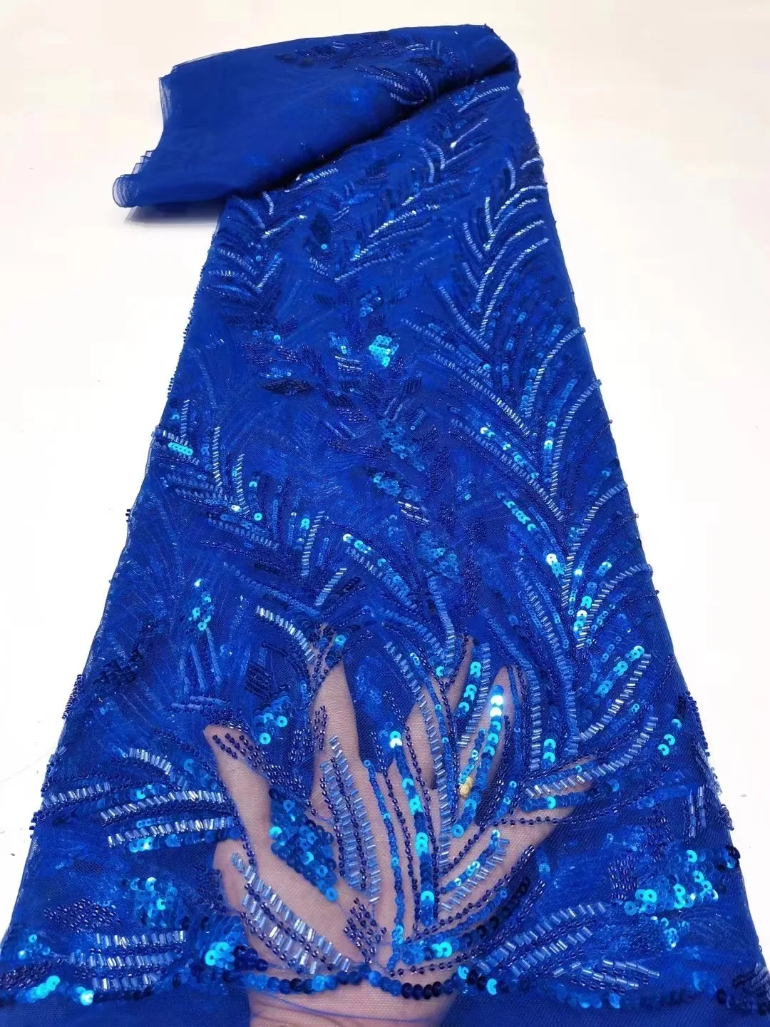 

African New Arrival Royal Luxury Beaded Mesh Fabric 2022 High Quality Handmade Sequins Tulle Fabric Nigerian Women Prom Dress