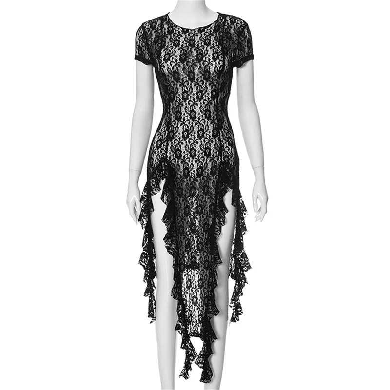 y2k Dress Women Sexy See Through Floral Lace Round Neck Asymmetrical Hem Bodycon Midi Dress Evening Party Dresses _