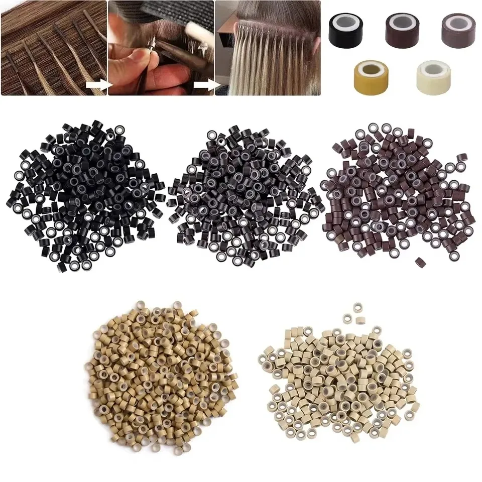100개 실리콘 알루미늄 마이크로 나노 링 5.0x3.0x3.0mm I팁/나노 헤어 익스텐션용 라인드 비즈