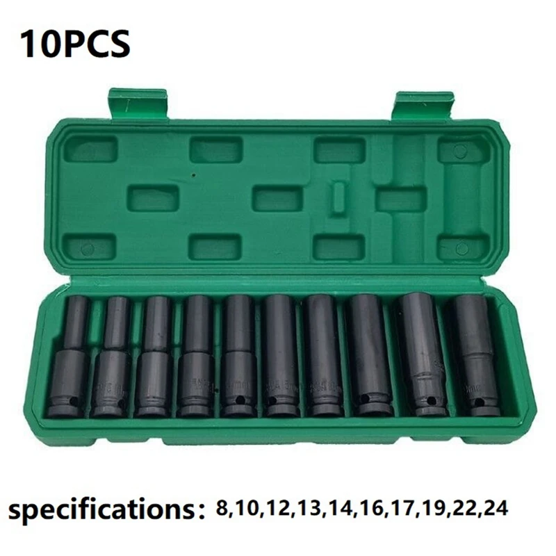 

10 Pieces Of 8-24Mm 1/2 Electric Wrench Socket Head Kit Pneumatic Socket Lithium Electric Wrench Hexagon Opening Lengthened Set