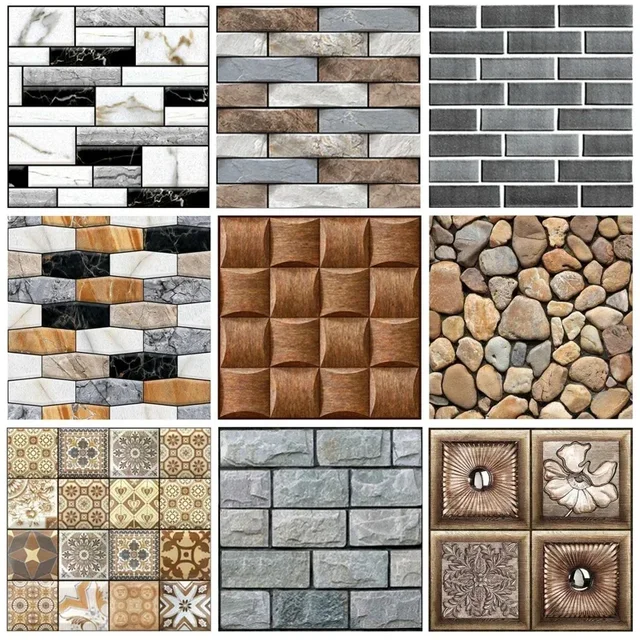 สติ๊กเกอร์ติดผนังลายกระเบื้อง 5/10 ชิ้น ตกแต่งบ้าน สติ๊กเกอร์พีวีซี 3 มิติ สำหรับตู้ครัว ห้องน้ำ วอลเปเปอร์กันน้ำ 1