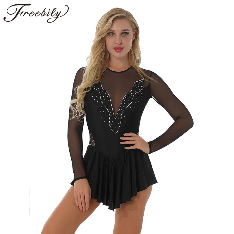 

Women Shiny Rhinestone Figure Skating Dress See-through Mesh Patchwork Long Sleeve Ruffle Skirted Ballet Leotard Dancewear