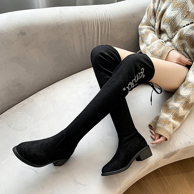 Women's Winter Over the Knee Boots Long Bota Feminina Ladies Suede Mid Heel Long Boots Plus Size Style Elastic Shoes 1