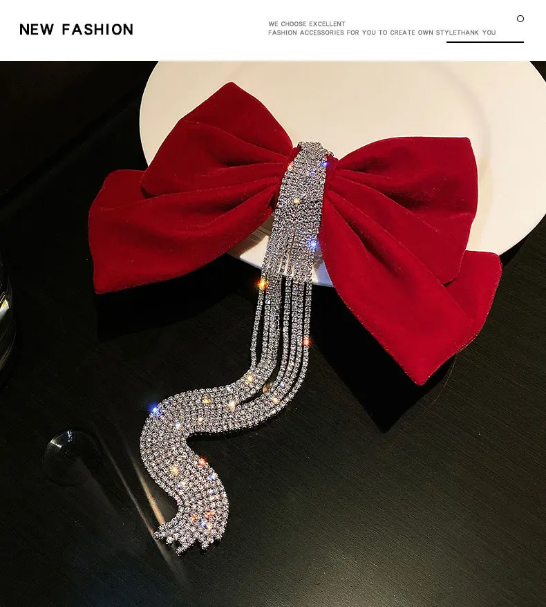 Neue Velours gnade Bogen Haarnadel Kristall Fringe Quaste Haar Clip Frauen Pferdeschwanz Strass Perlen Haar Zubehör Geschenke Heawear – Detail 7