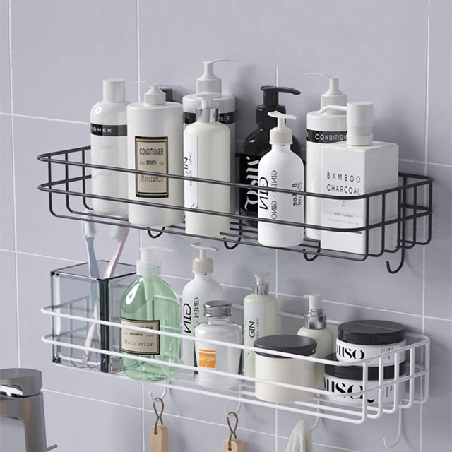 Self Adhesive Shower Organizer Iron Art Basket Shampoo Caddy Rack with Hook Bathroom  Shelf Kitchen Wall Mounted Storage Holder - AliExpress