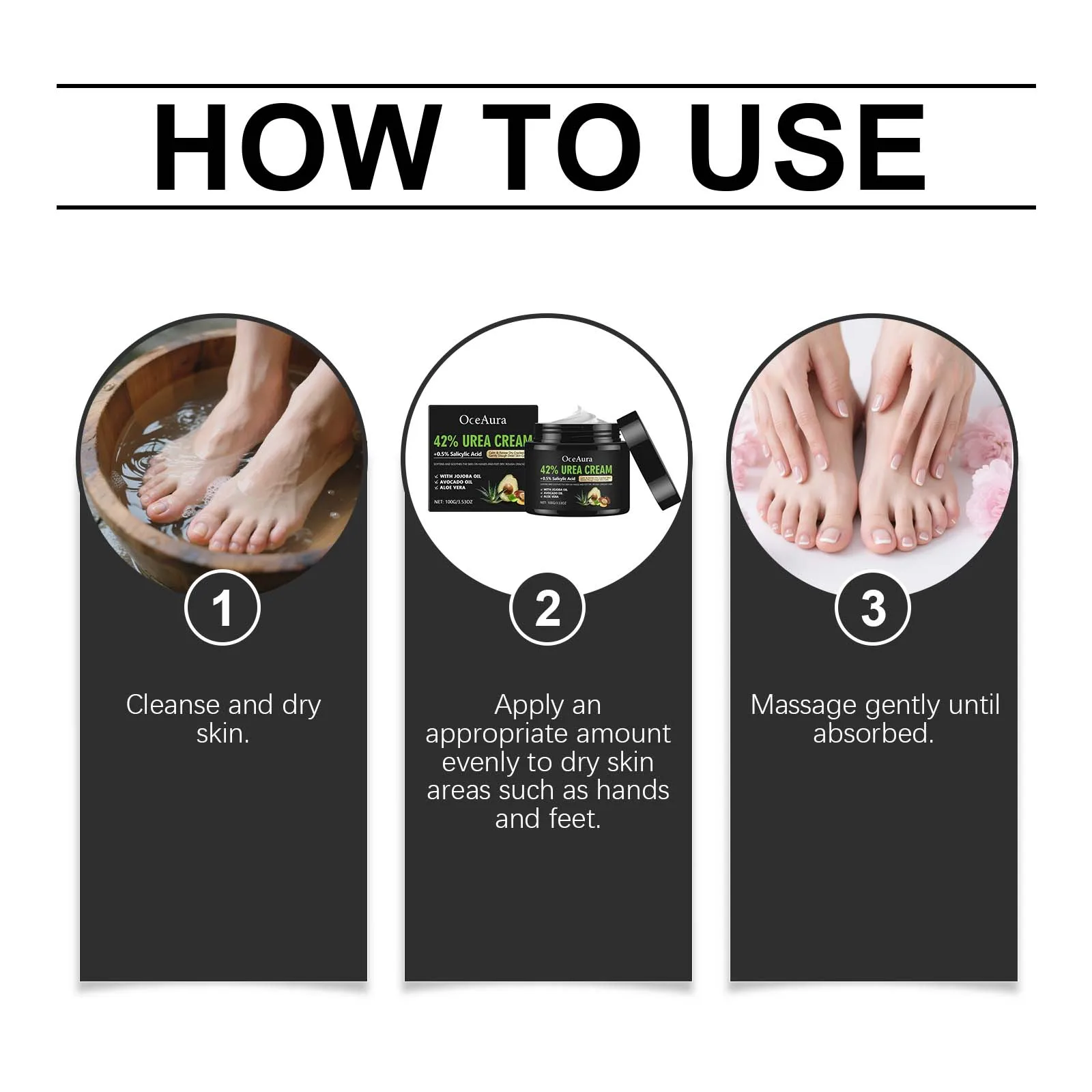 Foot Moisturizing Cream: Nourishes and hydrates foot skin, providing gentle care with a lightweight, easily absorbed texture.