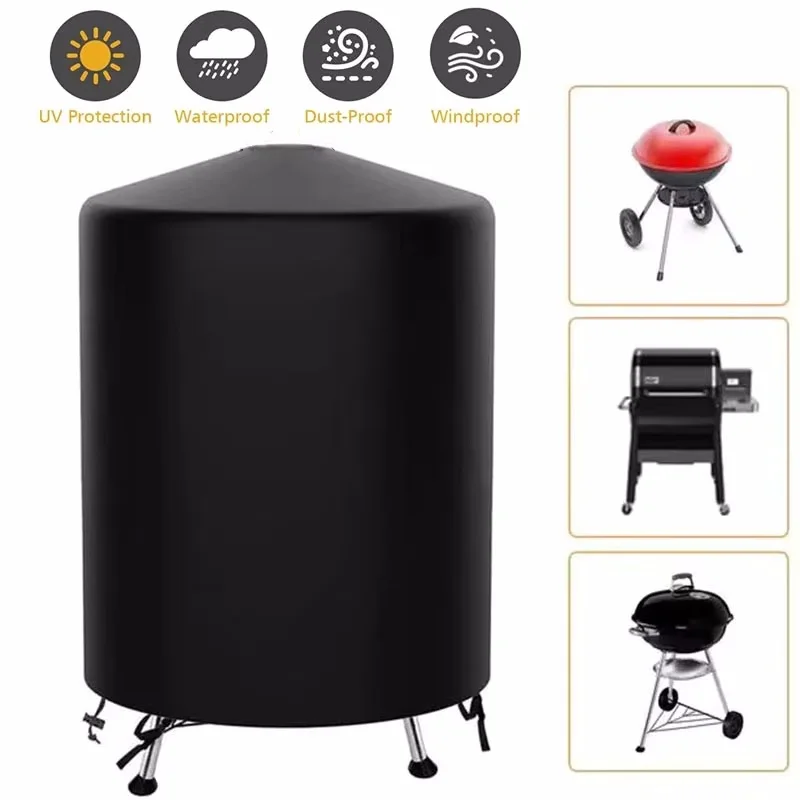 Grill Cover Outdoor Black Waterproof BBQ Cover Heavy Duty Dust Protective Grill Cover Fire Pit Stove Round Gas Charcoal Electric BBQ