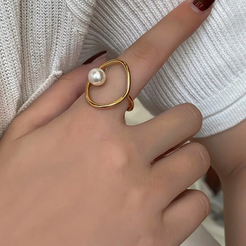 Geometric Hollow Simulated-pearl Ring for Women Silver Color Simple Line Open Rings Jewelry Accessory