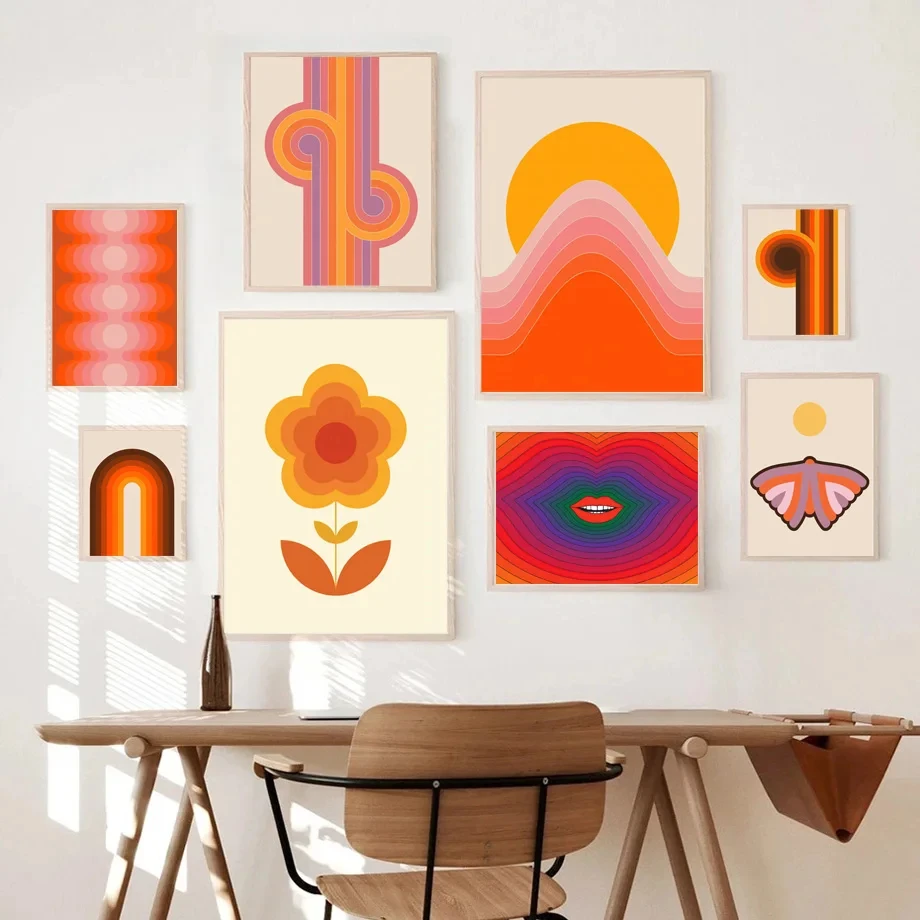 

Retro 70s Stripes Art Prints Sunset Lip Rainbow Flower Butterfly Boho Poster Canvas Painting Wall Pictures For Living Room Decor