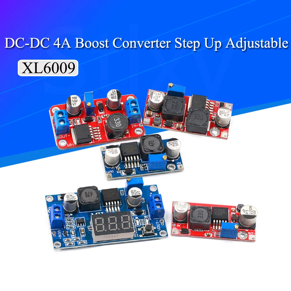 XL6009แปลง4A เพิ่มระดับปรับได้15W 5-32V ถึง5-50V โมดูลแหล่งจ่ายไฟ DC-DC ประสิทธิภาพสูงกระเพื่อมต่ำ 1