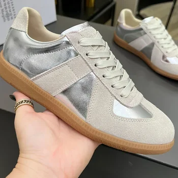 Suede Leather Patchwork Casual Shoes Women Round Toe Lace Up Flats Training Shoes Autumn Sneakers Comforatble Couple Shoes 1