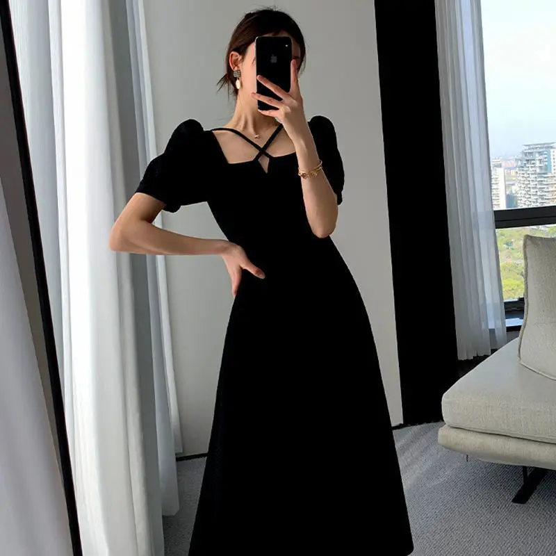 Robe d ete mi longue coreenne vintage pour femmes col carre simple robe de soiree chic elegante educative noire pure mince 03