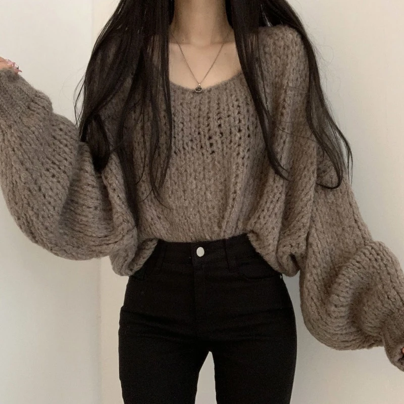 New Loose Lantern Long Sleeved Knitted Women's Sweater Pullover Elegant Sweater Casual Office Autumn Top
