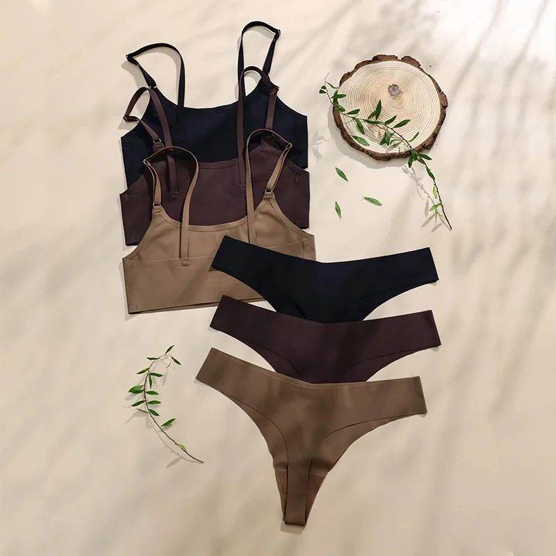 Us Size Solid Ice Silk Seamless Wireless Bras And Women Underwear Set