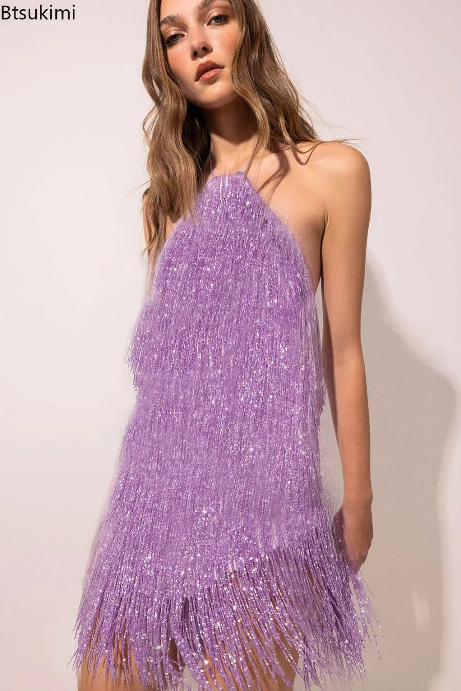 

2024 Women's Sexy Slim Tassel Halter Mini Dresses Summer Sleeveless Halter Backless Lace Up Short Fashion Lady Solid Party Robe