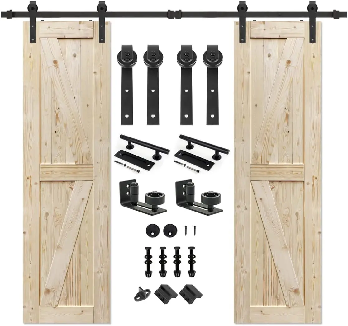 

S&Z TOPHAND 24 in. x 84 in. Double Unfinished British Brace Knotty Barn Door with 8FT Sliding Door Hardware Kit