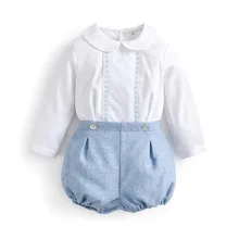 

2pcs Boutique Toddler Boys Spanish Clothing Suit Baby Long Sleeve White Cotton Shirts Blue Shorts Children Spain Birthday Outfit