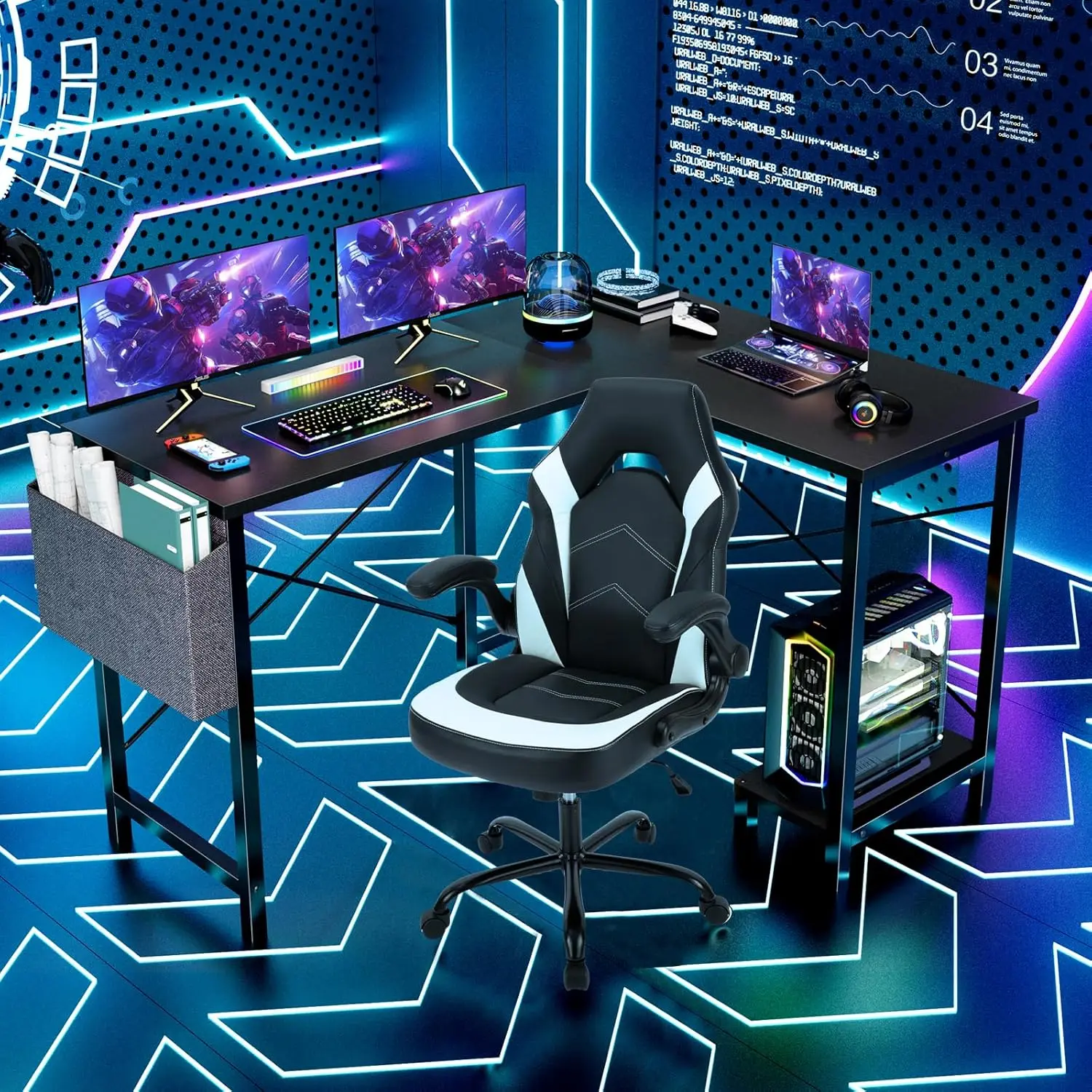 L Shaped Computer Desk - Gaming Table Corner Desk 50 Inch PC Writing Black Desk Study Desks w/ Wooden Desktop CPU Stand Side 6