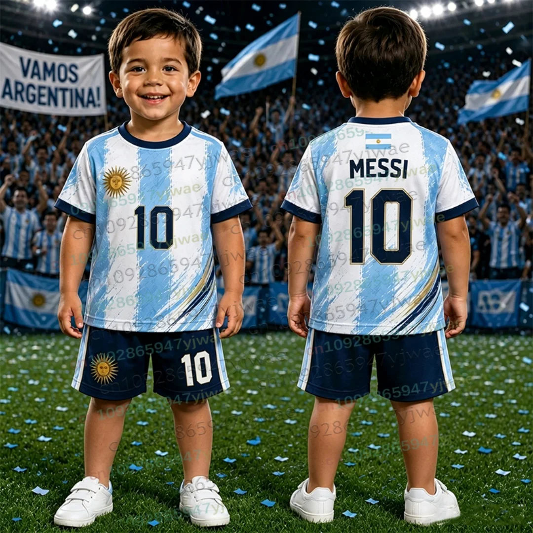 طقم قميص وشورت كرة قدم ميسي 10 خاص 2026 للنساء والرجال، قميص وشورت هاراجوكو للأرجنتين، طقم صيفي من قطعتين للأطفال