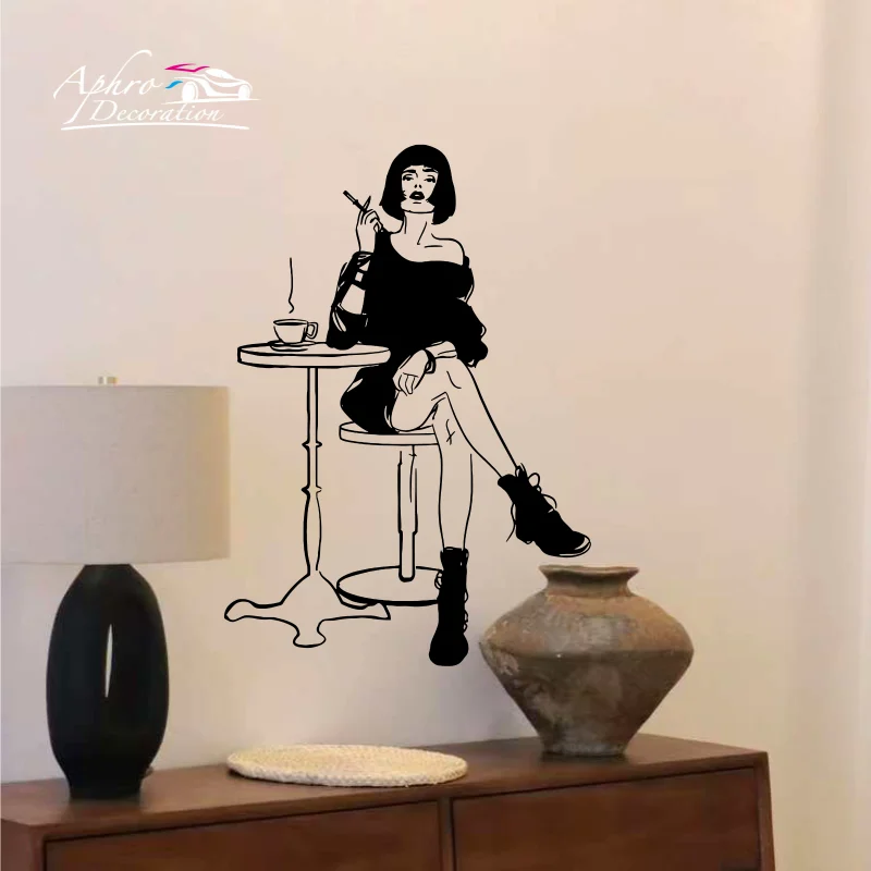 

Cafe drink Coffee Wall Decal Vinyl Parisian Beauty Woman In Cafe Coffee Cigarette Wll Stickers Cafe door Decoration Poster