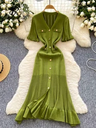 SINGREINY Summer V-Neck Buttoned Slim Mermaid Sundress - Fashionable Elastic Bohemian Long Dress - One Size (Green)
