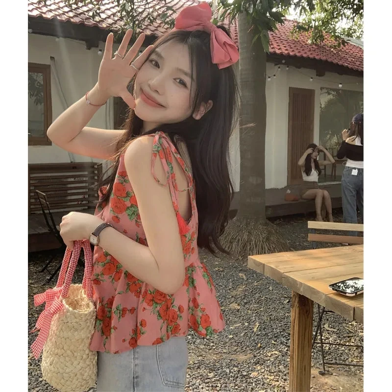 

Cartoon Vintage Rose Print Summer Halter Top Women Sweet Cute Kawaii T-shirt Vintage Clothes Casual Fashion Chic Blouses Female