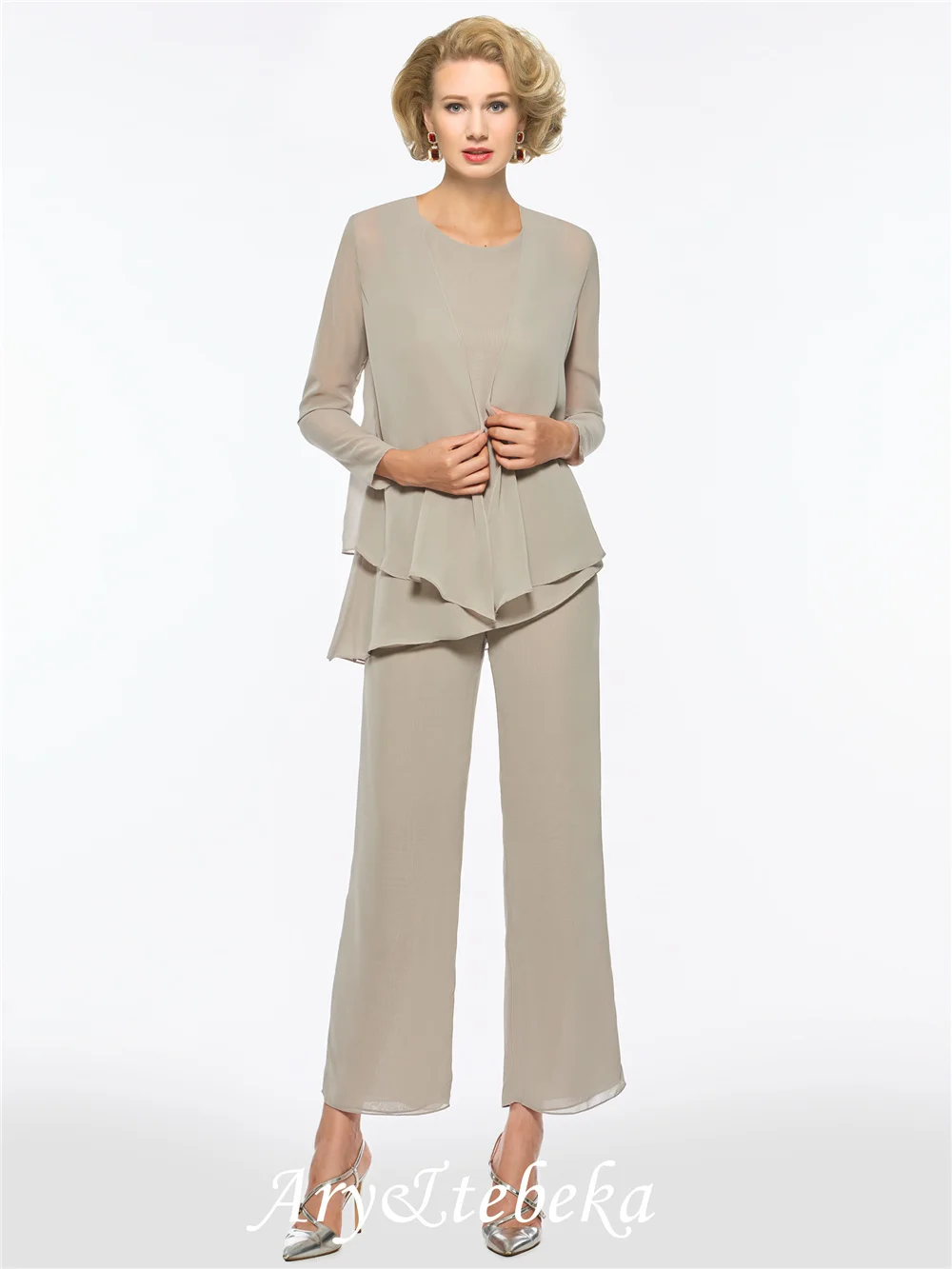 

Sheath/Column 3 Pieces Mother of the Bride Pantsuits with Long Sleeve Jacket Scoop Ankle-Length Chiffon Free Shipping