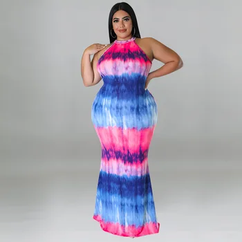 European and American large-size women's clothing summer new tie-dye printing sexy hip-wrapped dress factory direct sales
