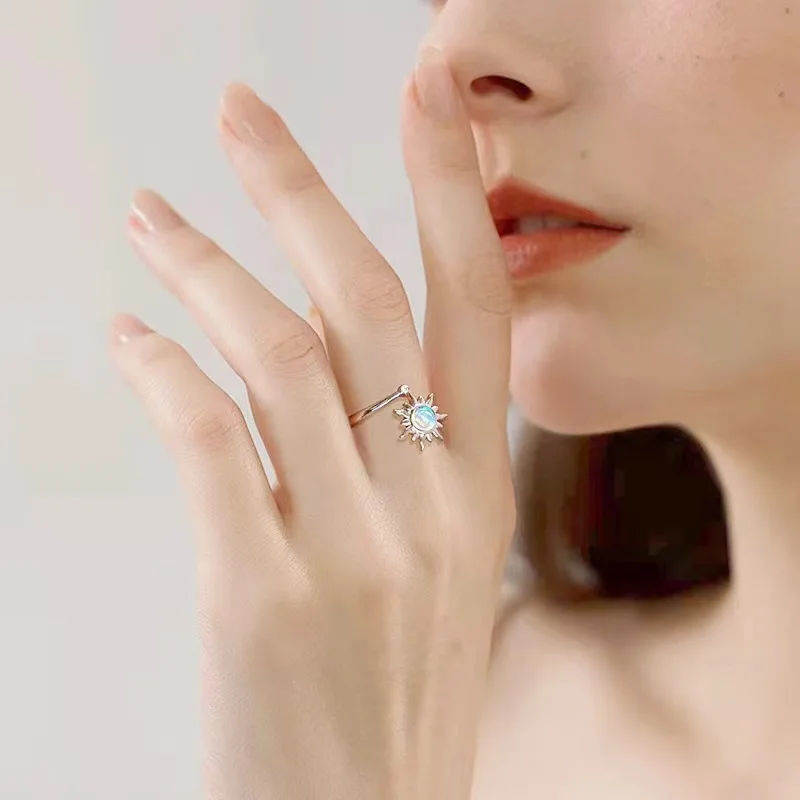 Anillo giratorio para aliviar la ansiedad de cristal de girasol para niñas, anillo giratorio para nudillos de cobre y Metal, regalos de joyería para mujeres 2