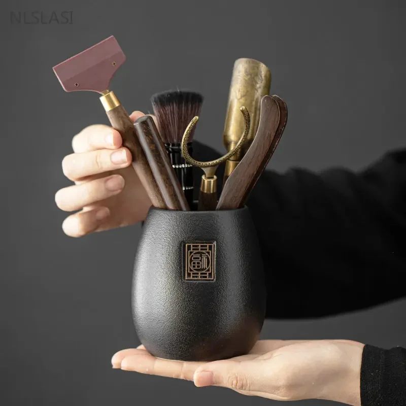 Black Ceramic Tea Ceremony Six Gentlemen Home Tea Making Tools Storage Container Spoon Tongs Chinese Accessories tea cutter,tea needle set