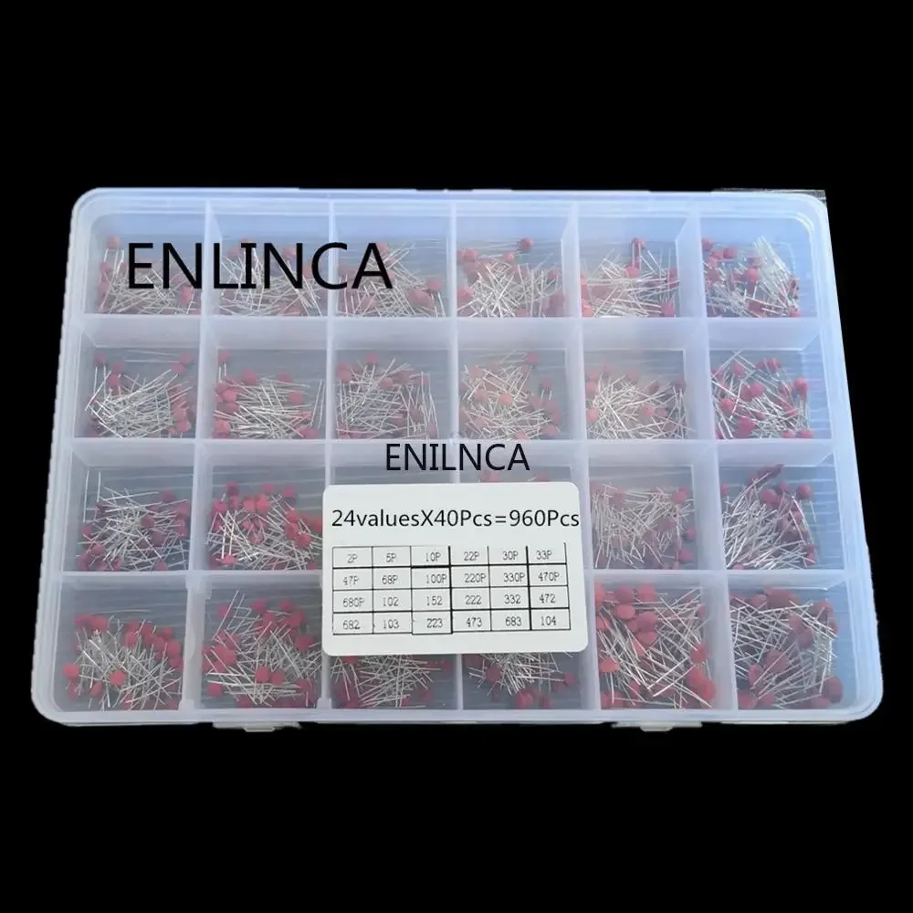 Ceramic Capacitor 960Pcs/lot Ceramic capacitor Assortment Kit 2PF-0.1UF 50V Ceramic capacitors set 24value*40pcs diy Electronic capacitors 20%